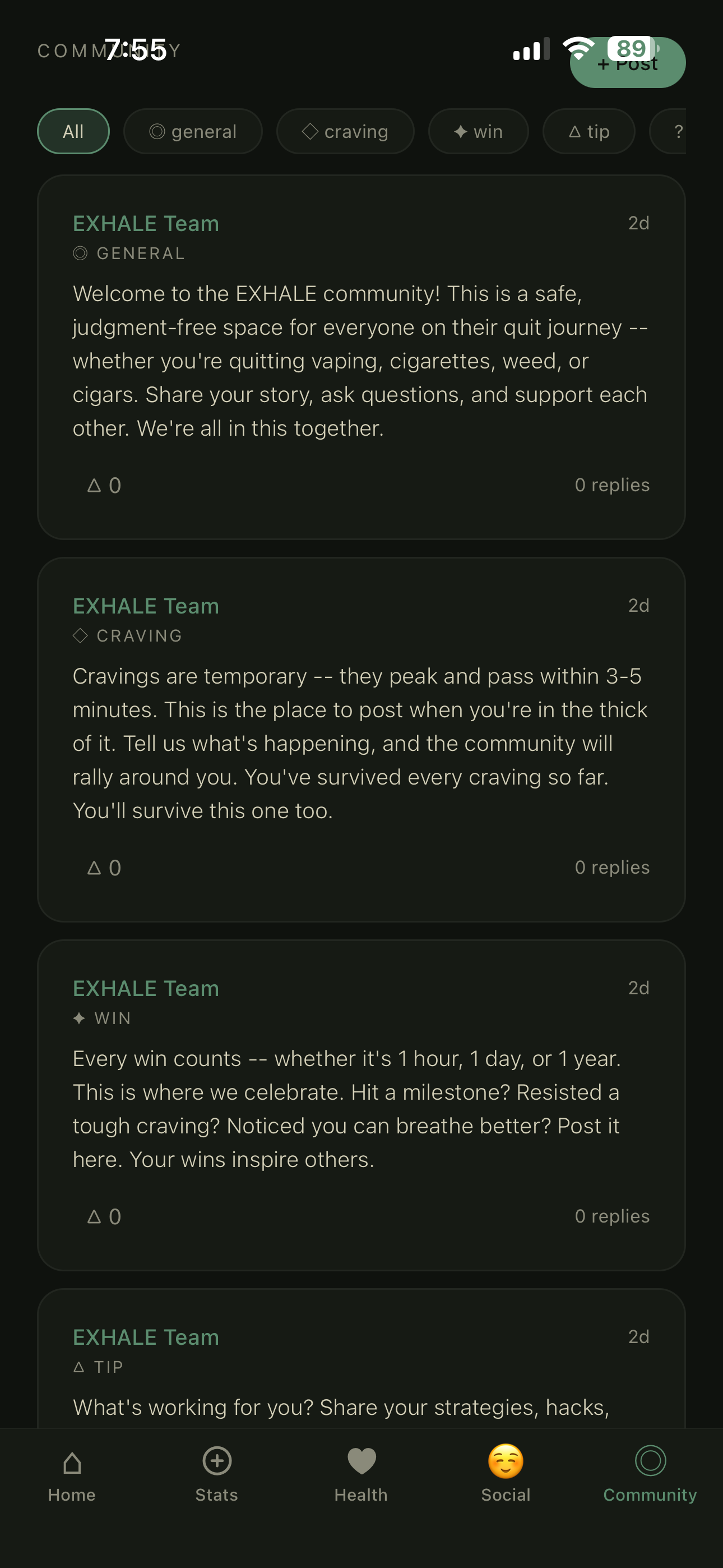 Community — forum posts for sharing wins, tips, and craving support