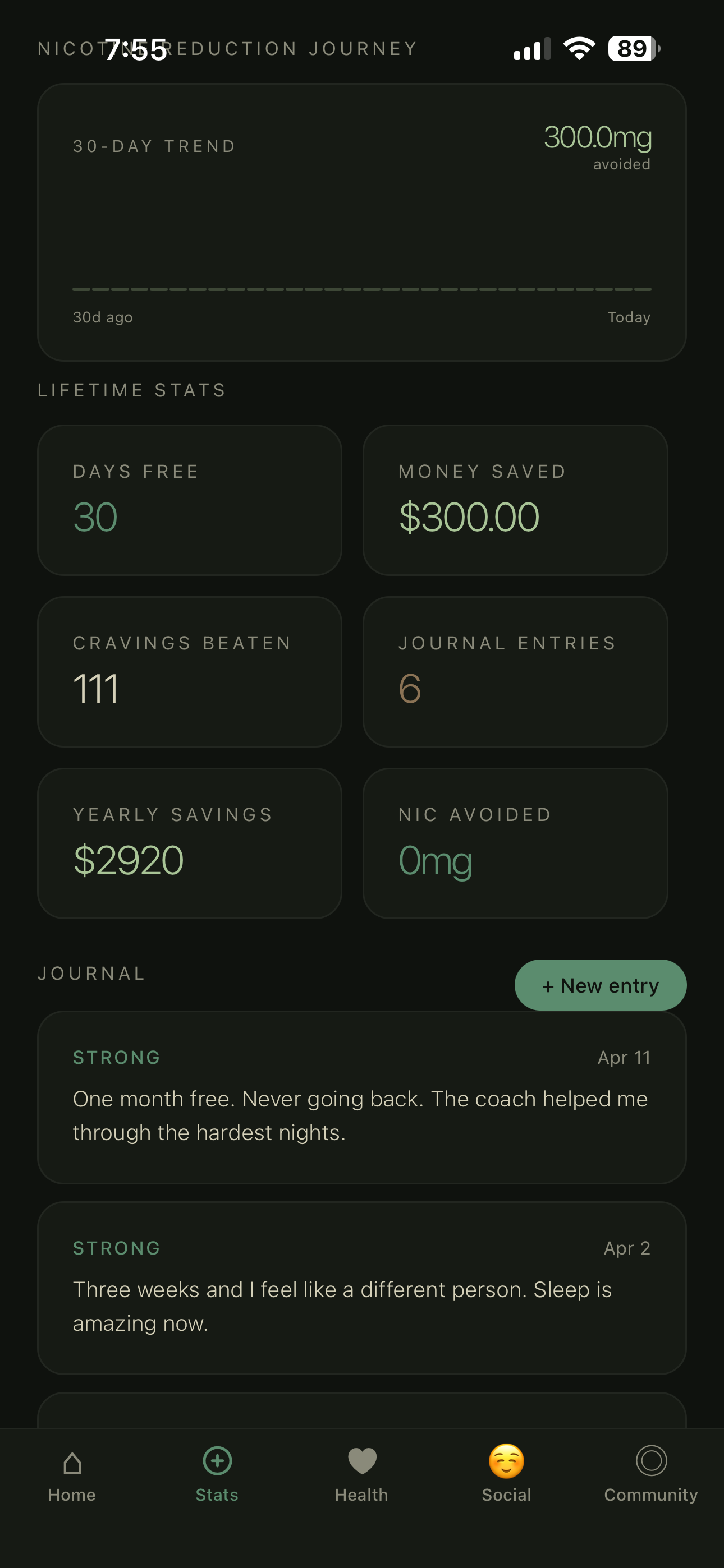 Stats screen — nicotine reduction chart, lifetime stats, and journal