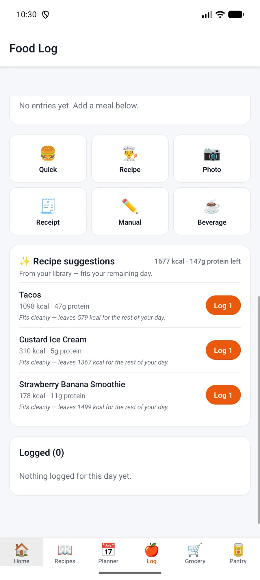 DishBinder food log with recipe suggestions