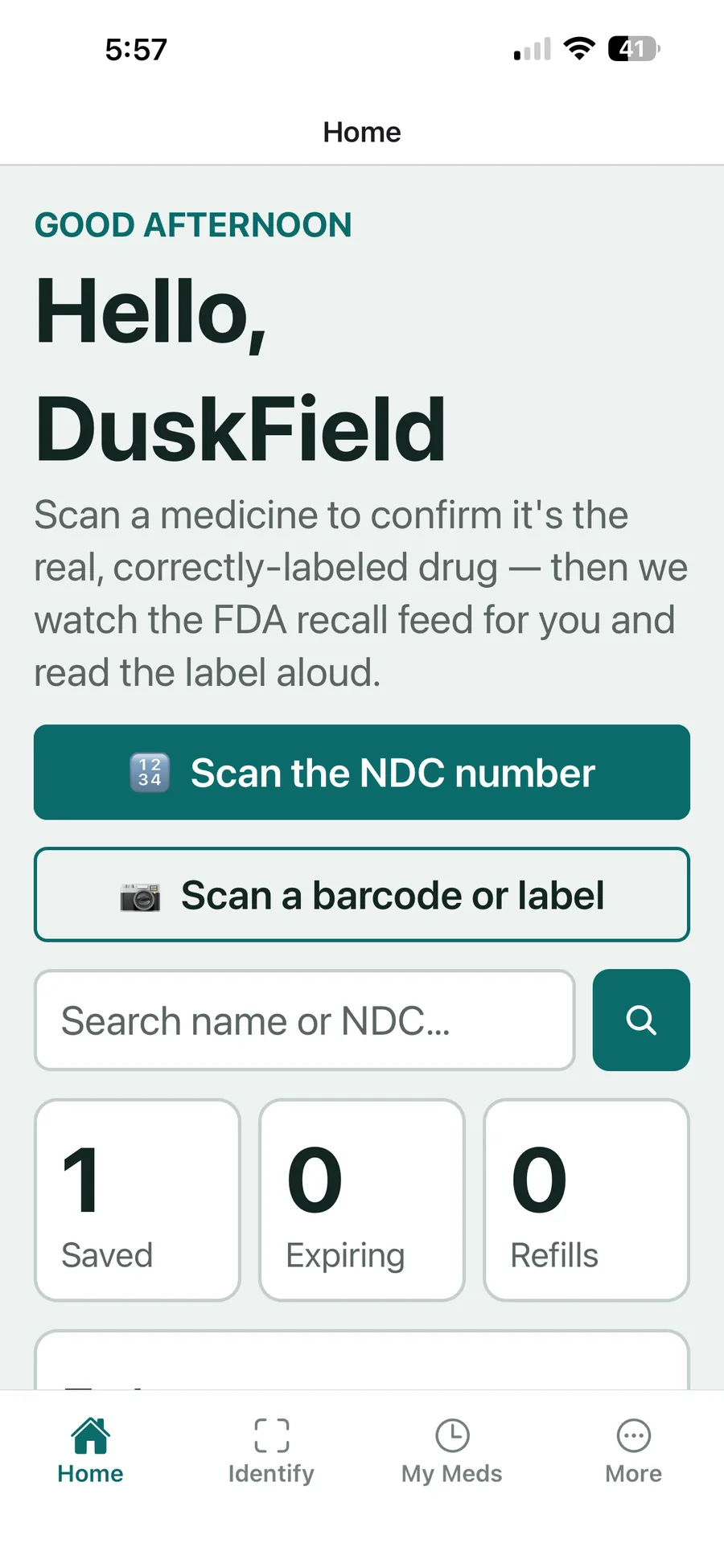 VerifyDrugLabel home screen — scan a barcode, NDC number, or label